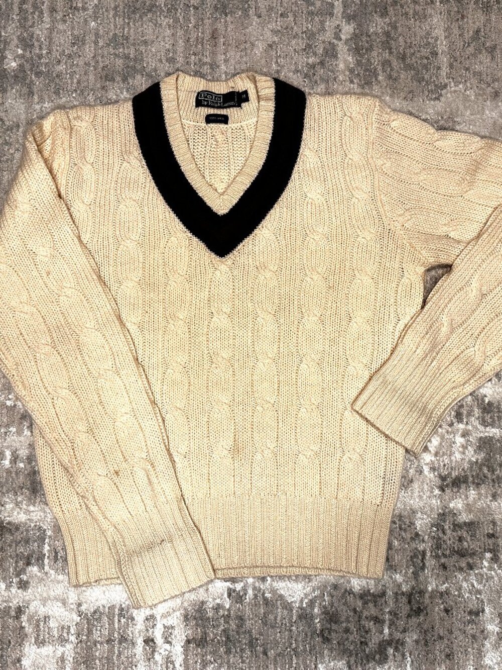 Polo Ralph Lauren Cricket Sweater Sz Medium Cream Vintage Cable Knit Jumper Wool
